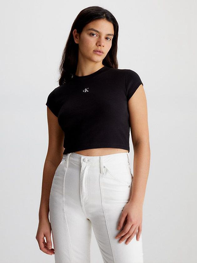 Black Calvin Klein Slim Cropped Ribbed Women T-Shirt | FECI-72160
