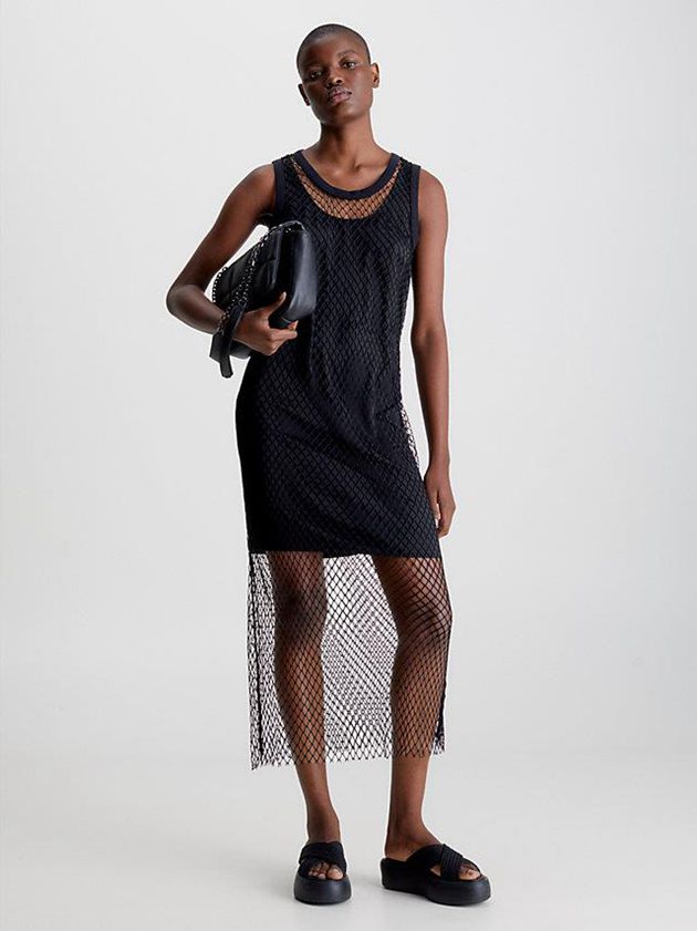 Black Calvin Klein Slim Layered Net Tank Women Dress | UPYL-53897