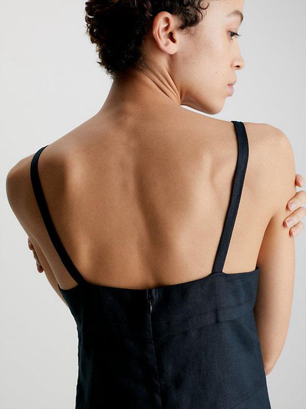 Black Calvin Klein Slim Linen Slip Women Dress | FBOE-35894