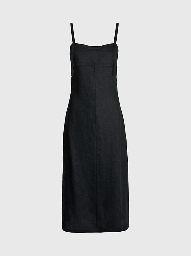 Black Calvin Klein Slim Linen Slip Women Dress | FBOE-35894