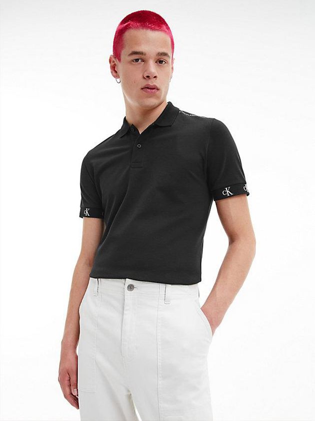 Black Calvin Klein Slim Logo Cuff Men Polo Shirt | GNEW-02169