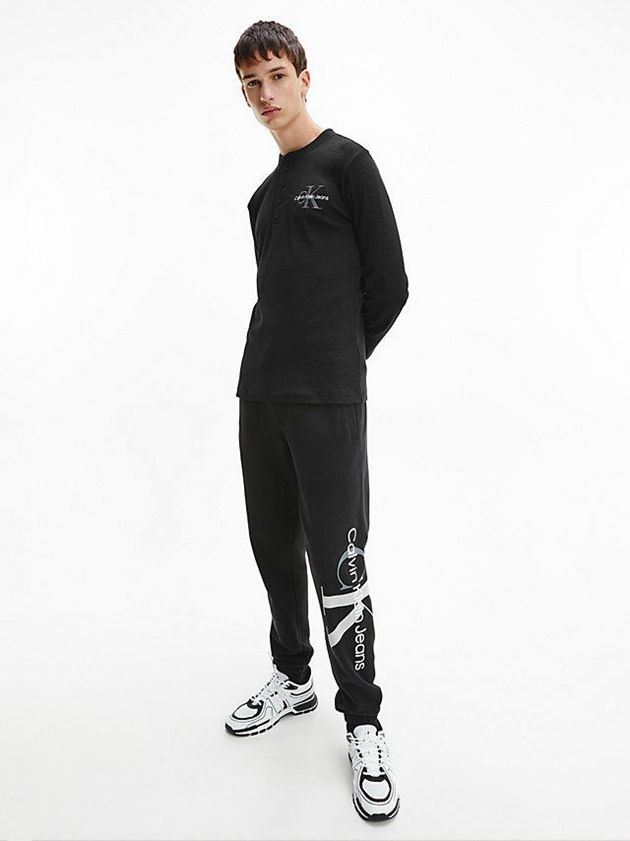 Black Calvin Klein Slim Long Sleeve Henley Men T-Shirt | JELD-83405