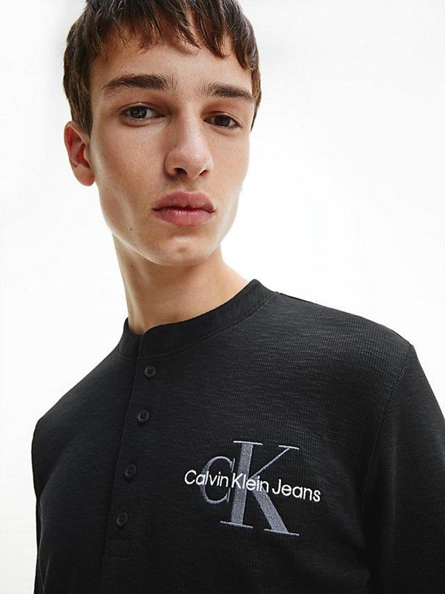 Black Calvin Klein Slim Long Sleeve Henley Men T-Shirt | JELD-83405