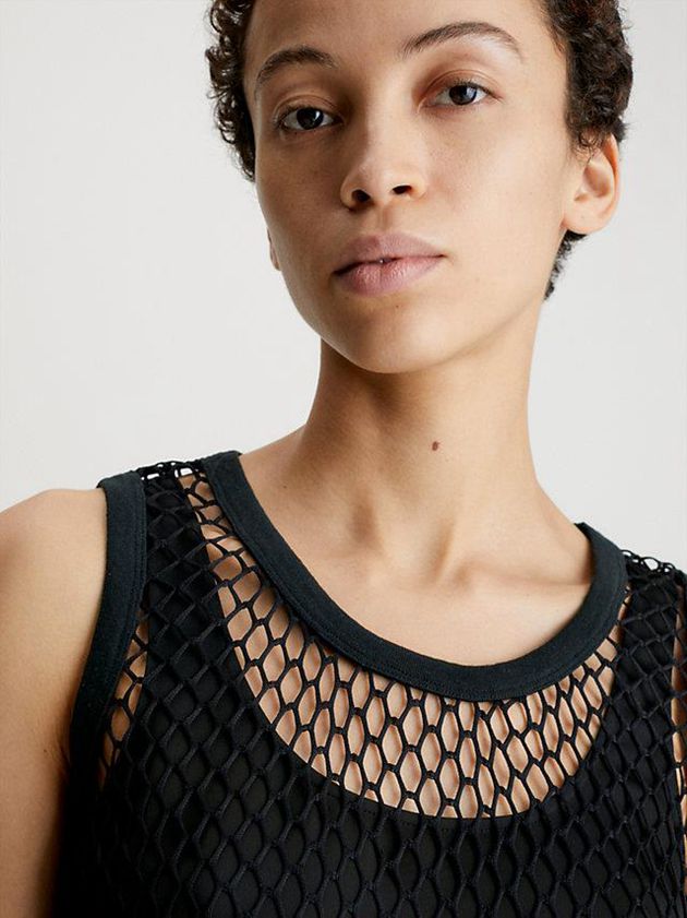 Black Calvin Klein Slim Net Layered Tank Women Top | EYVP-96801