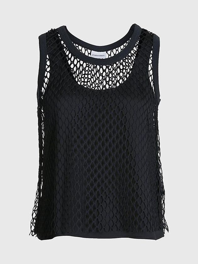 Black Calvin Klein Slim Net Layered Tank Women Top | EYVP-96801