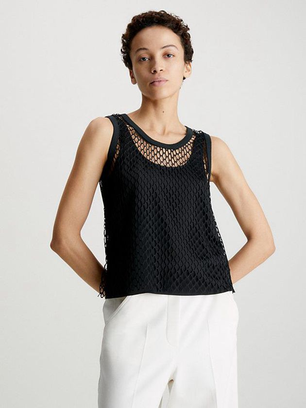 Black Calvin Klein Slim Net Layered Tank Women Top | EYVP-96801