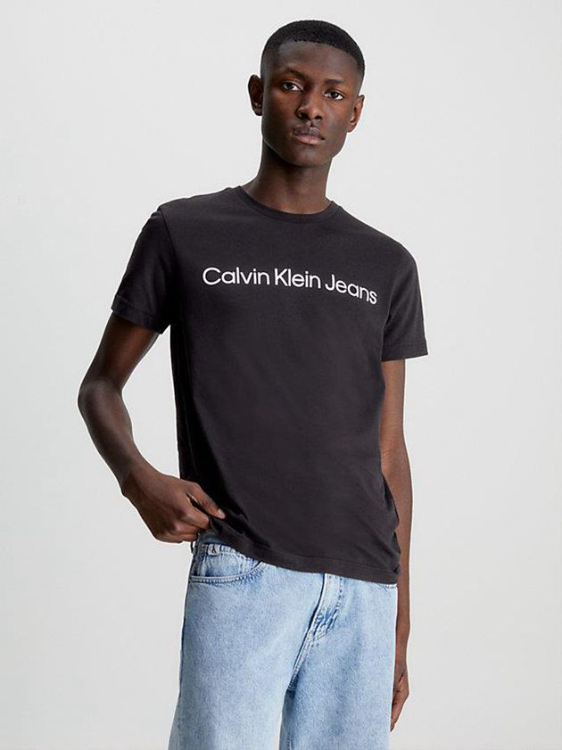 Black Calvin Klein Slim Organic Cotton Logo Men T-Shirt | PBNQ-40657