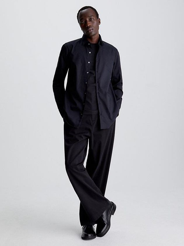 Black Calvin Klein Slim Poplin Stretch Men Shirts | LTRO-94705