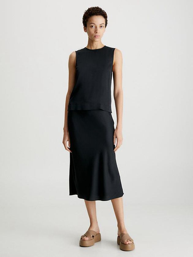 Black Calvin Klein Slim Recycled Crepe Tank Women Top | KTAI-86153