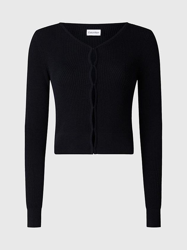 Black Calvin Klein Slim Ribbed Cardigan Jumper Women Sweater | OPHI-47619
