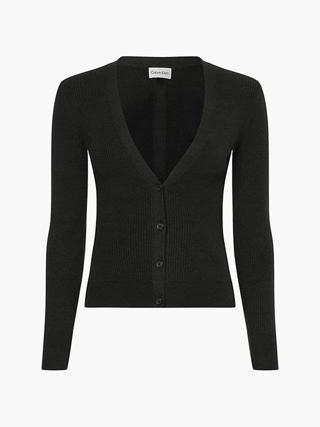 Black Calvin Klein Slim Ribbed Knit Cardigan Women Sweater | VBIU-03495