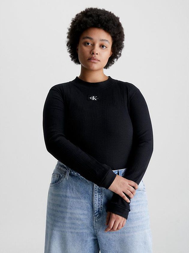 Black Calvin Klein Slim Ribbed Long Sleeve Women Top | QFTZ-57649