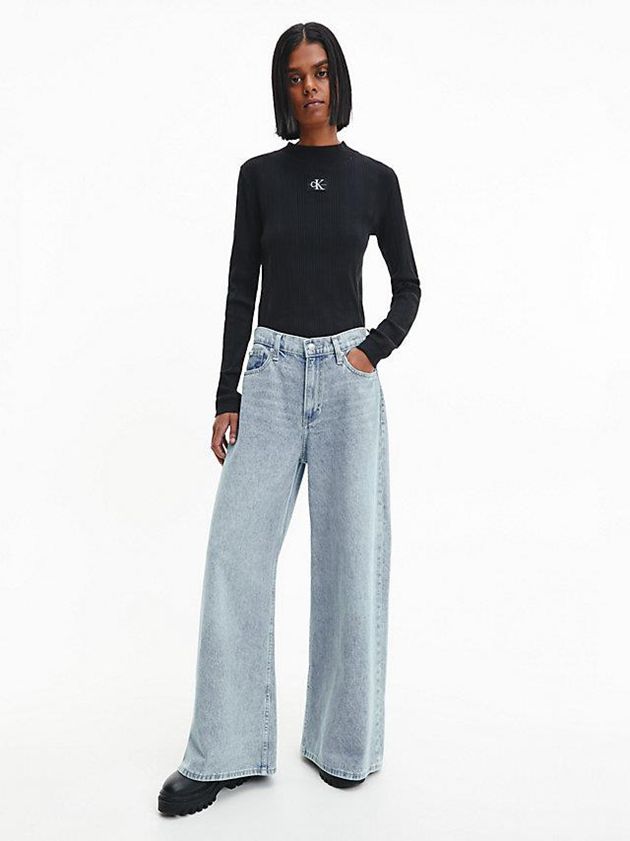 Black Calvin Klein Slim Ribbed Long Sleeve Women Top | QFTZ-57649