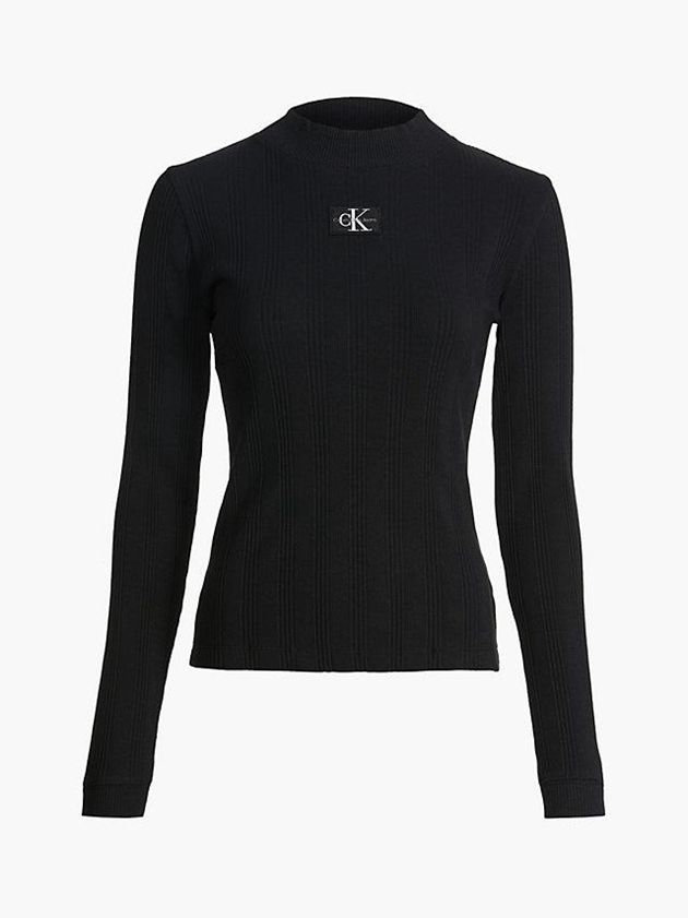 Black Calvin Klein Slim Ribbed Long Sleeve Women Top | QFTZ-57649