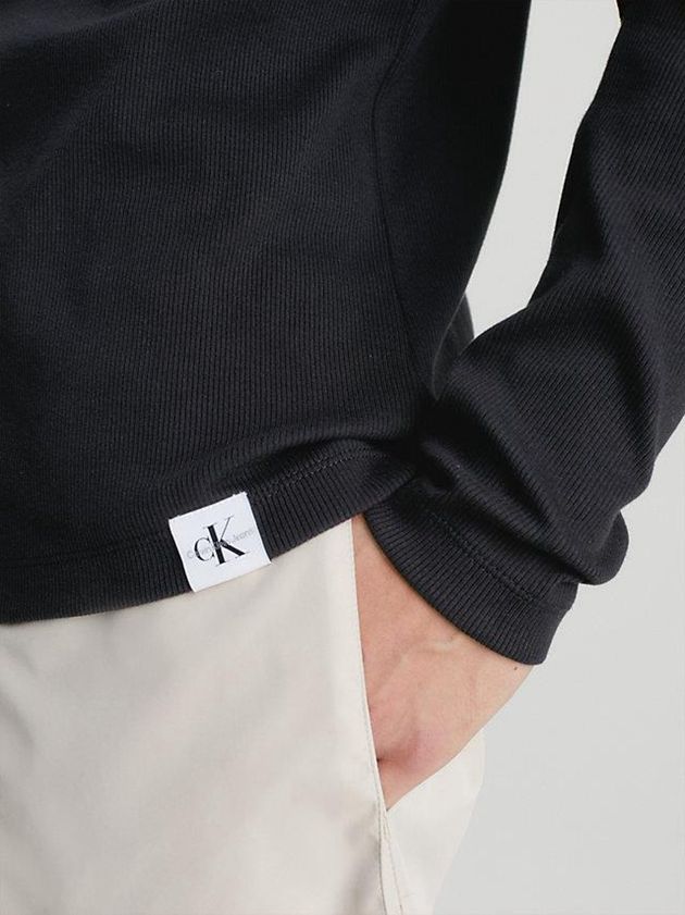 Black Calvin Klein Slim Ribbed Long Sleeve Men T-Shirt | YPEK-59647