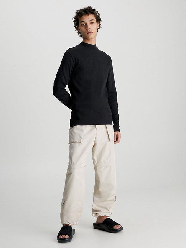 Black Calvin Klein Slim Ribbed Long Sleeve Men T-Shirt | YPEK-59647