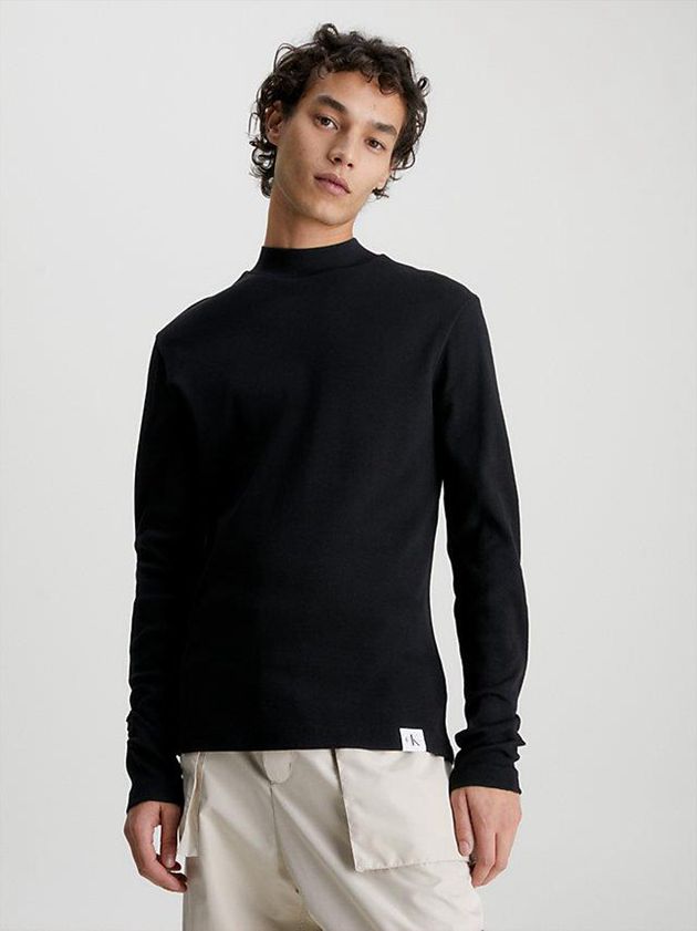 Black Calvin Klein Slim Ribbed Long Sleeve Men T-Shirt | YPEK-59647