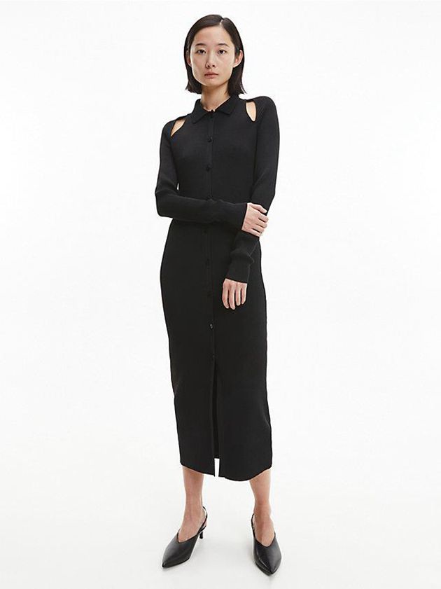 Black Calvin Klein Slim Ribbed Midi Shirt Women Dress | IUGJ-86749