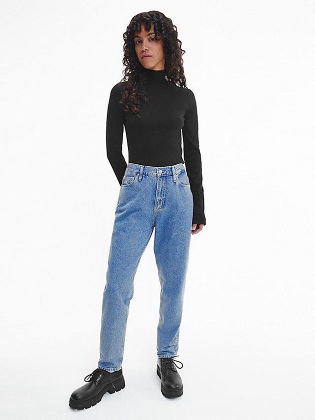 Black Calvin Klein Slim Ribbed Mock Neck Women Top | ZFUB-40582