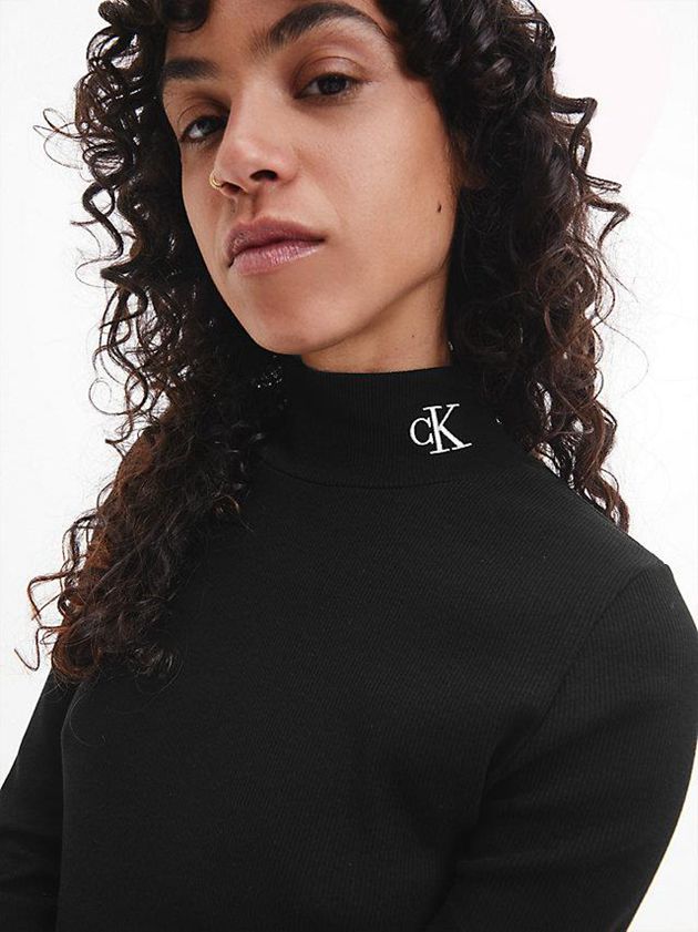 Black Calvin Klein Slim Ribbed Mock Neck Women Top | ZFUB-40582
