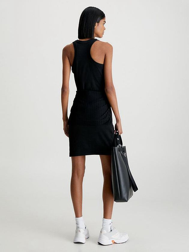 Black Calvin Klein Slim Ribbed Monogram Tank Women Dress | UYFE-10327