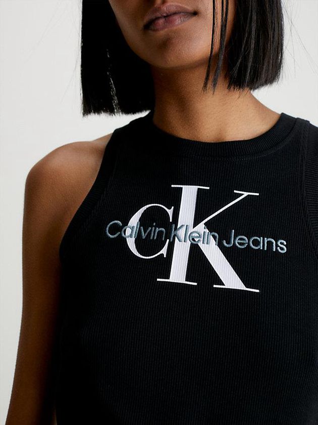 Black Calvin Klein Slim Ribbed Monogram Tank Women Dress | UYFE-10327