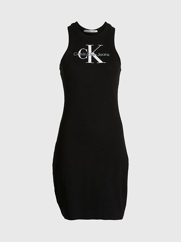 Black Calvin Klein Slim Ribbed Monogram Tank Women Dress | UYFE-10327