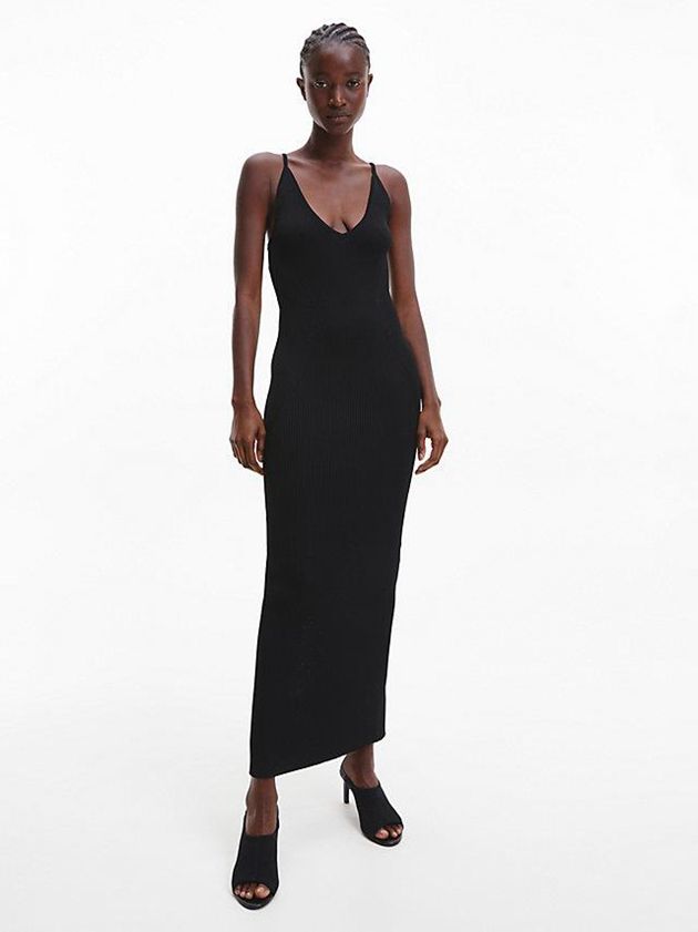 Black Calvin Klein Slim Ribbed Slip Women Dress | MLSQ-87309