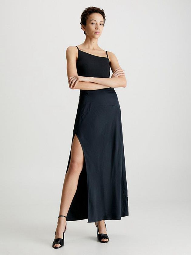 Black Calvin Klein Slim Satin Maxi Women Skirt | PKCW-20658
