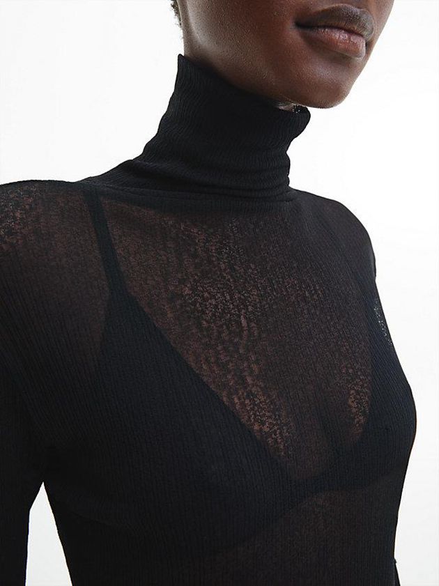 Black Calvin Klein Slim Sheer Mock Neck Jumper Women Sweater | EQWK-87530