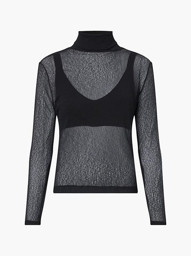 Black Calvin Klein Slim Sheer Mock Neck Jumper Women Sweater | EQWK-87530
