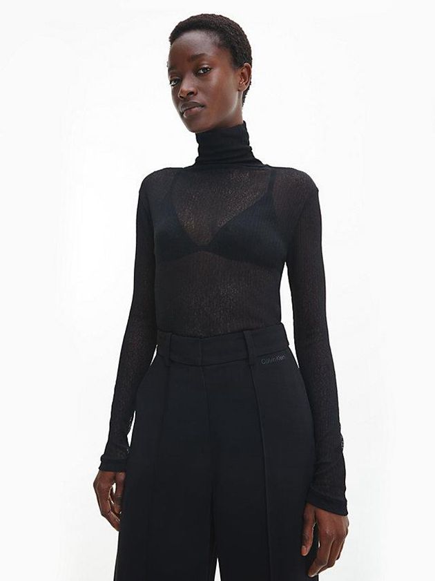 Black Calvin Klein Slim Sheer Mock Neck Jumper Women Sweater | EQWK-87530