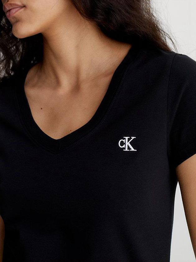 Black Calvin Klein Slim V-Neck Women T-Shirt | EBYD-81947