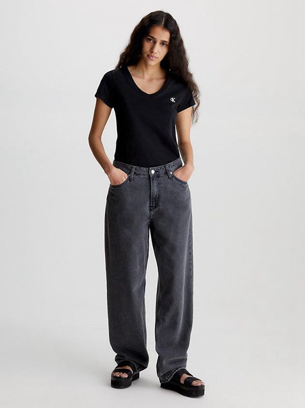 Black Calvin Klein Slim V-Neck Women T-Shirt | EBYD-81947