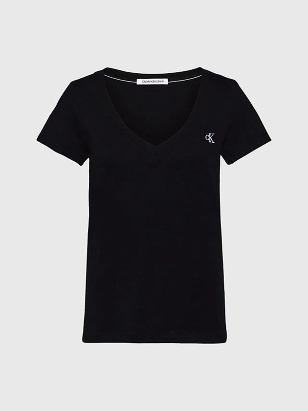 Black Calvin Klein Slim V-Neck Women T-Shirt | EBYD-81947