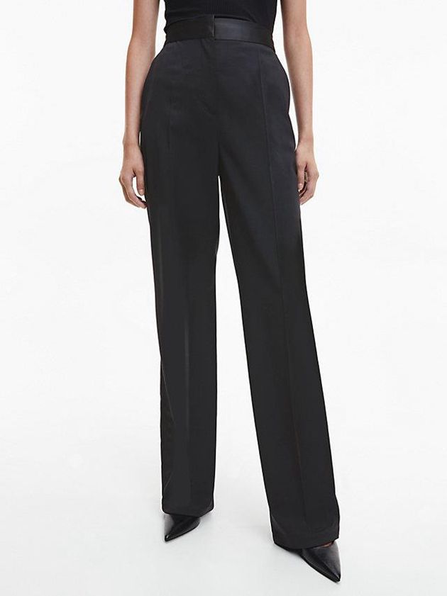 Black Calvin Klein Straight Wool Tuxedo Women Pants | SHEW-03719