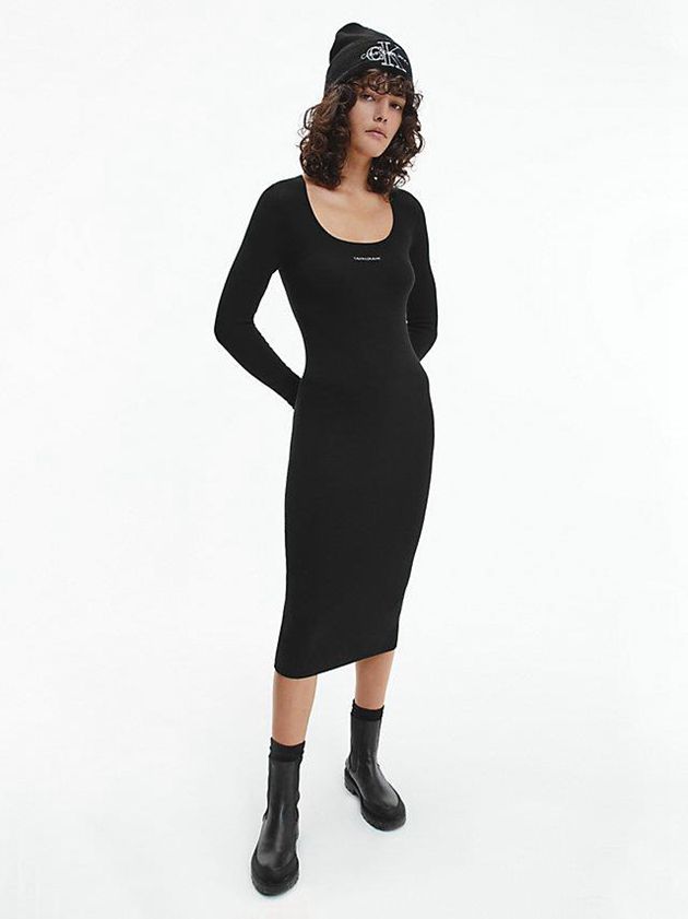 Black Calvin Klein Stretch Knit Bodycon Women Dress | SLVJ-10652