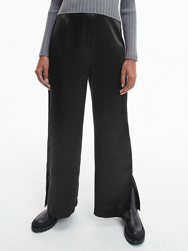 Black Calvin Klein Stretch Satin Wide Leg Women Pants | JQVM-71806