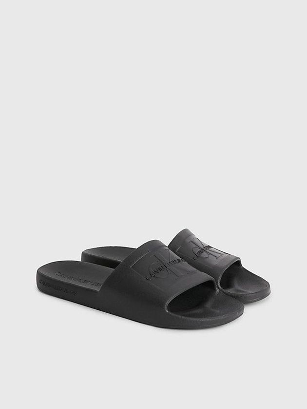 Black Calvin Klein Textured Sliders Men Slippers | HVOF-60472
