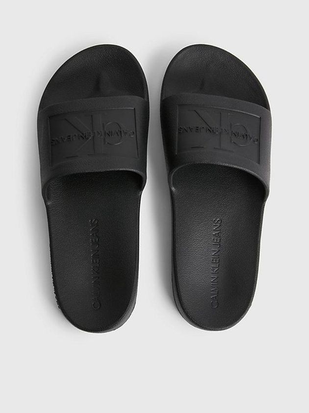 Black Calvin Klein Textured Sliders Women Slippers | QFEK-43068