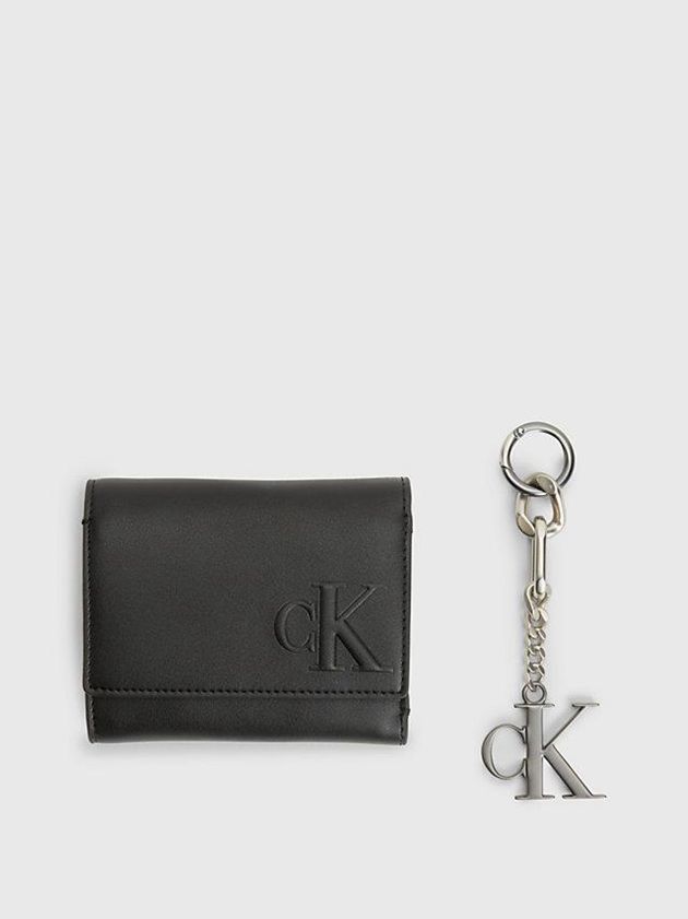 Black Calvin Klein Trifold And Keyring Gift Set Women Wallet | STGL-19875