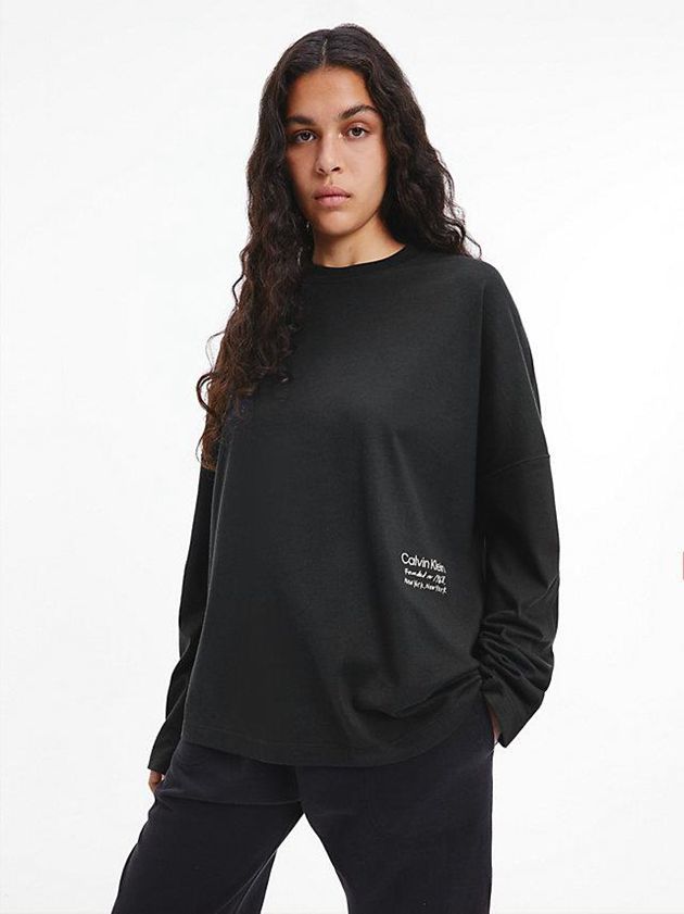 Black Calvin Klein Unisex Printed Long Sleeve - CK Standards Men T-Shirt | QVAX-50936