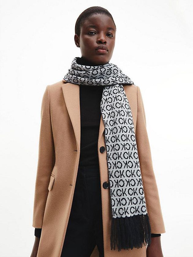 Black Calvin Klein Wool Blend Logo Women Scarf | MOVH-14095