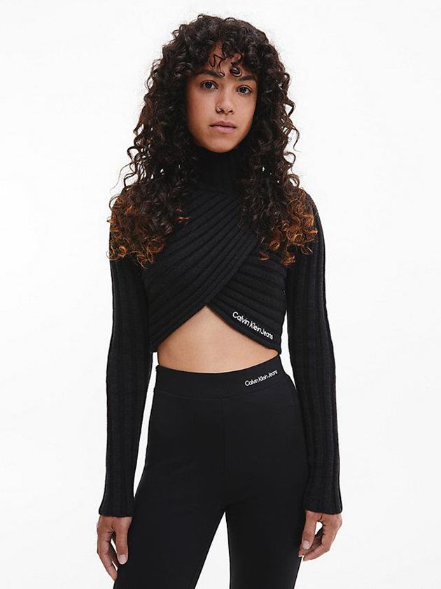 Black Calvin Klein Wool Knit Wrap Women Top | BDOX-85163