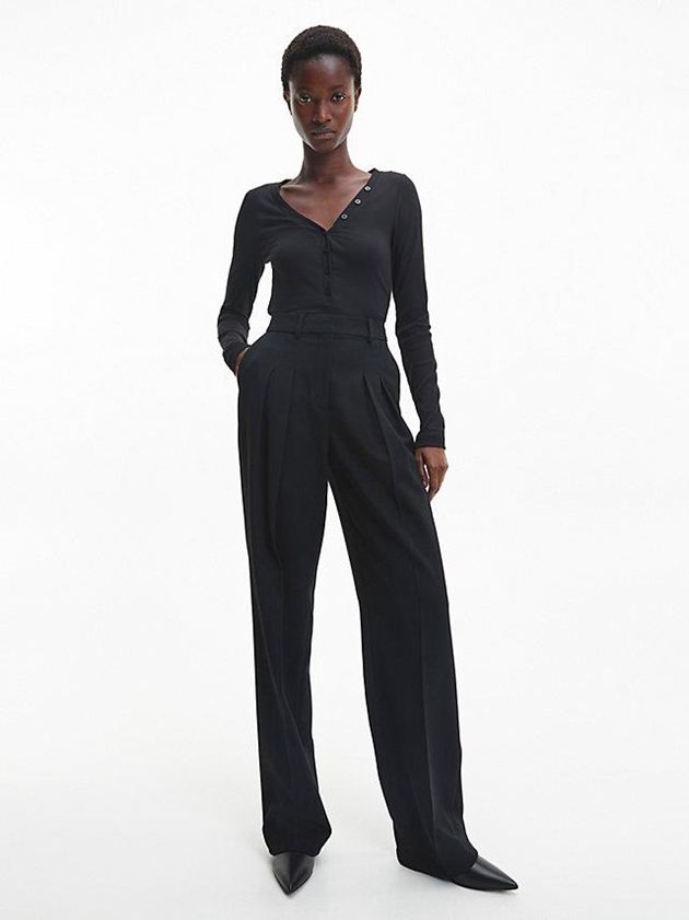 Black Calvin Klein Wool Twill Pleated Women Pants | UPQA-64209
