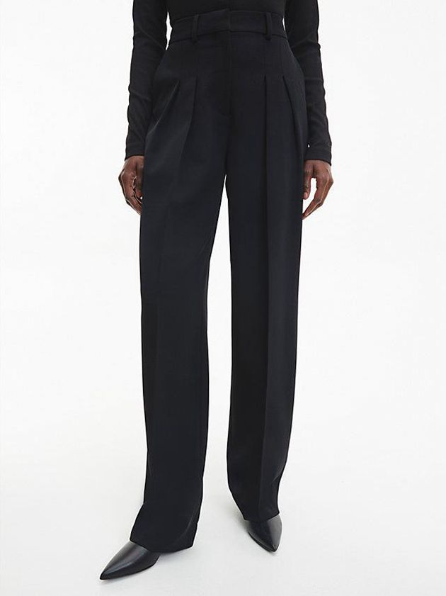 Black Calvin Klein Wool Twill Pleated Women Pants | UPQA-64209