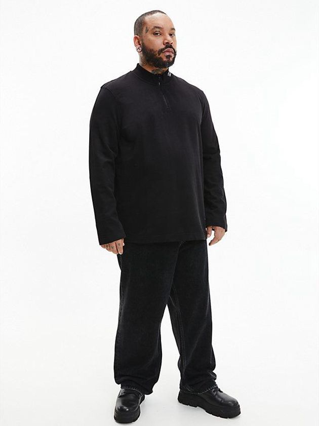 Black Calvin Klein Zip Neck Long Sleeve Men T-Shirt | AHEB-10672