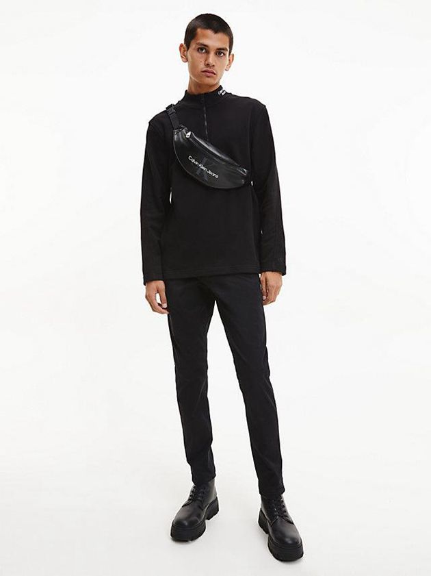 Black Calvin Klein Zip Neck Long Sleeve Men T-Shirt | AHEB-10672