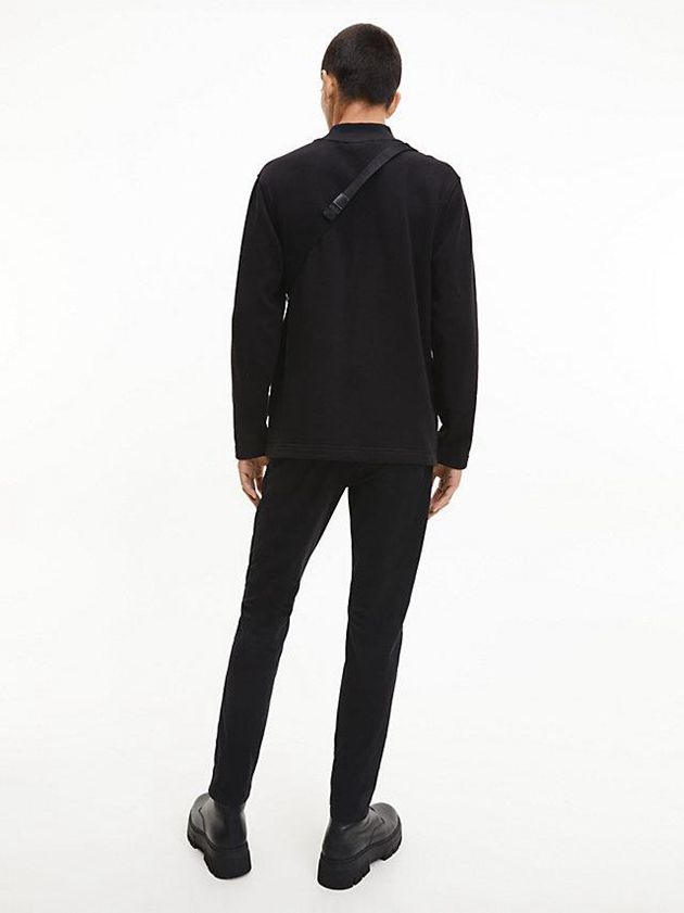 Black Calvin Klein Zip Neck Long Sleeve Men T-Shirt | AHEB-10672