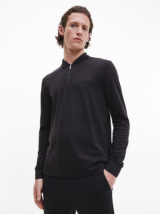 Black Calvin Klein Zip Neck Men Polo Shirt | BUJQ-96583